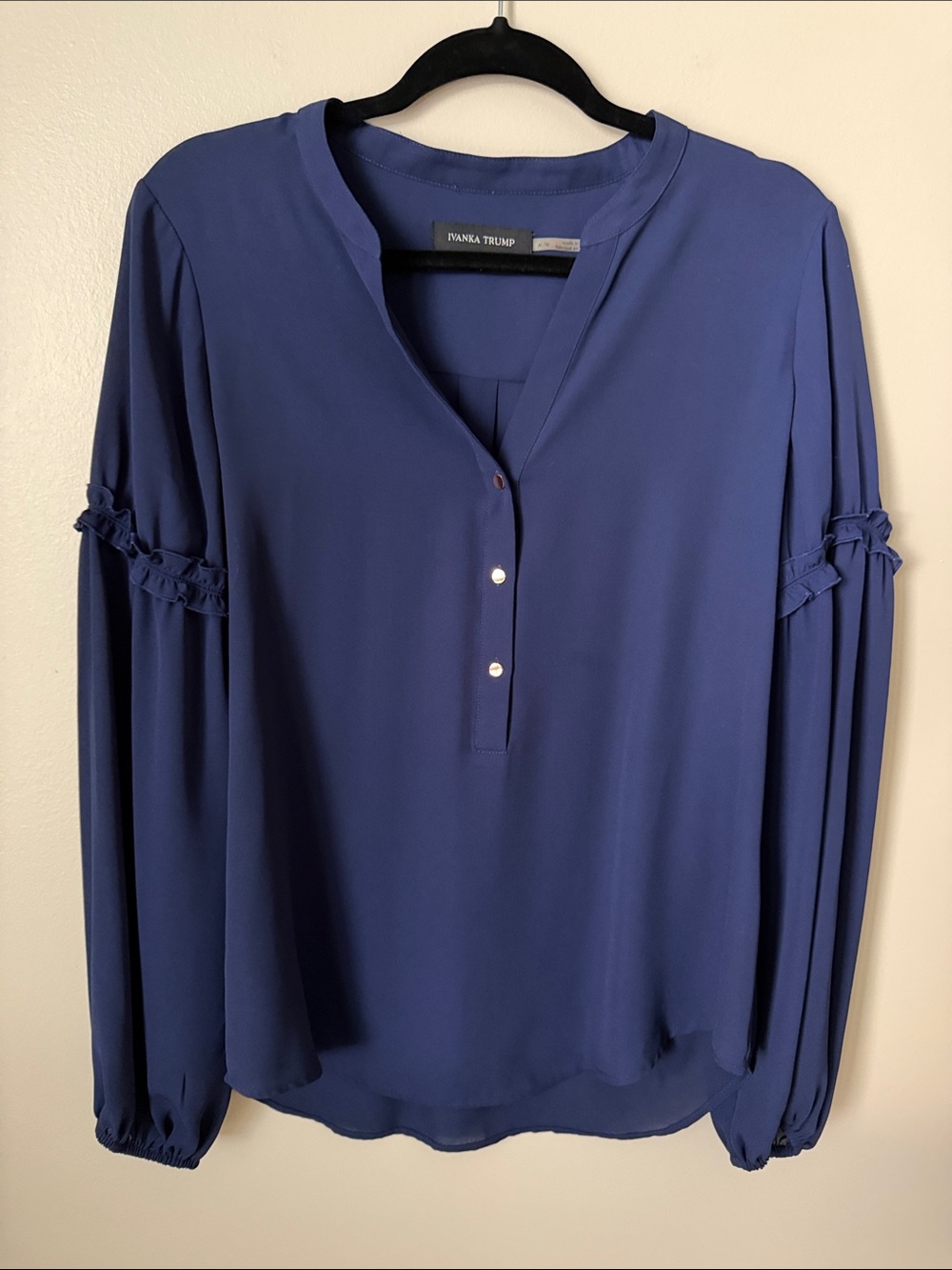 Ivanka Trump Midnight Blue Long-Sleeve Split V Blouse with Braided Trim